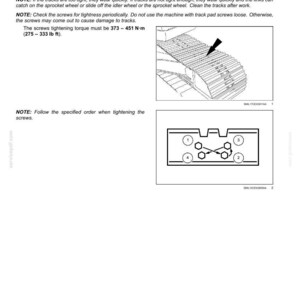 May include: Page from a maintenance manual with the title "Track shoe bolt torque." The page includes diagrams of machinery parts and instructions for checking and tightening screws. The torque specifications are provided in both Newton-meters and pound-feet.