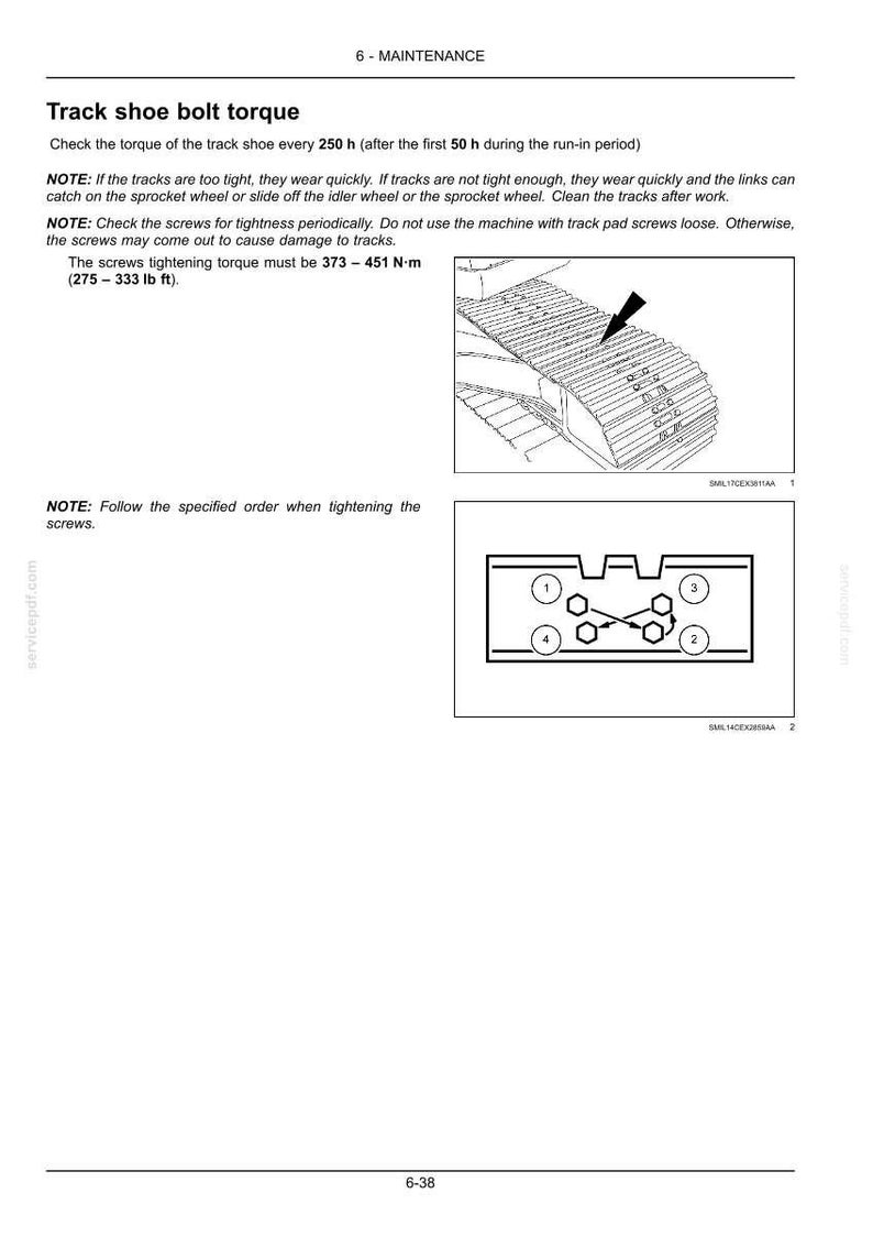 May include: Page from a maintenance manual with the title "Track shoe bolt torque." The page includes diagrams of machinery parts and instructions for checking and tightening screws. The torque specifications are provided in both Newton-meters and pound-feet.
