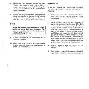 Puede incluir: P&aacute;gina de un manual del sistema hidr&aacute;ulico del Modelo 120 Crawler. El texto incluye instrucciones para el rodaje de la bomba, incluida la instalaci&oacute;n de la bomba y la comprobaci&oacute;n de los man&oacute;metros. La p&aacute;gina tambi&eacute;n incluye especificaciones de par.