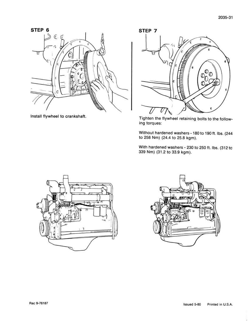 Puede incluir: Diagrama de los pasos de montaje del motor. El paso 6 muestra la instalaci&oacute;n del volante en el cig&uuml;e&ntilde;al. El paso 7 muestra el apriete de los pernos de fijaci&oacute;n del volante: 244 a 258 Nm (24,4 a 25,8 kgm).