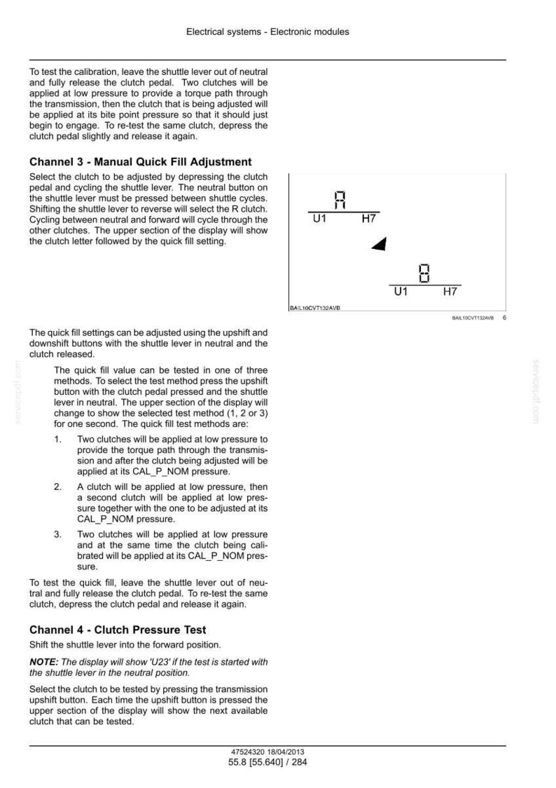 May include: A technical document with instructions for electrical systems and electronic modules. The document includes diagrams and text explaining clutch adjustments, pressure tests, and quick fill settings. The document also includes the date 18/04/2013.