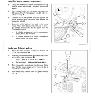 May include: Diagram of an engine's rocker arm assembly with instructions for clearance adjustment. Includes labeled parts, measurements in inches, and steps for intake and exhaust valve adjustments.