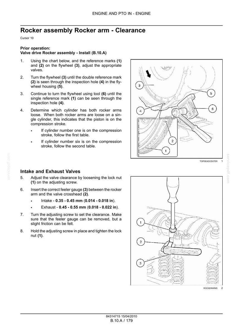 May include: Diagram of an engine's rocker arm assembly with instructions for clearance adjustment. Includes labeled parts, measurements in inches, and steps for intake and exhaust valve adjustments.