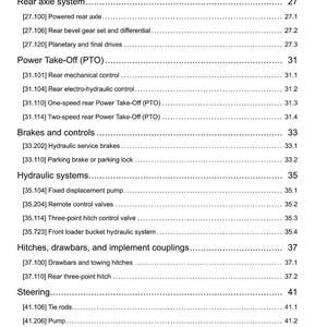 May include: A detailed technical document with a table of contents, listing various tractor components. Sections include rear axle systems, power take-off, brakes, hydraulic systems, hitches, and steering. The document is dated May 30, 2014.