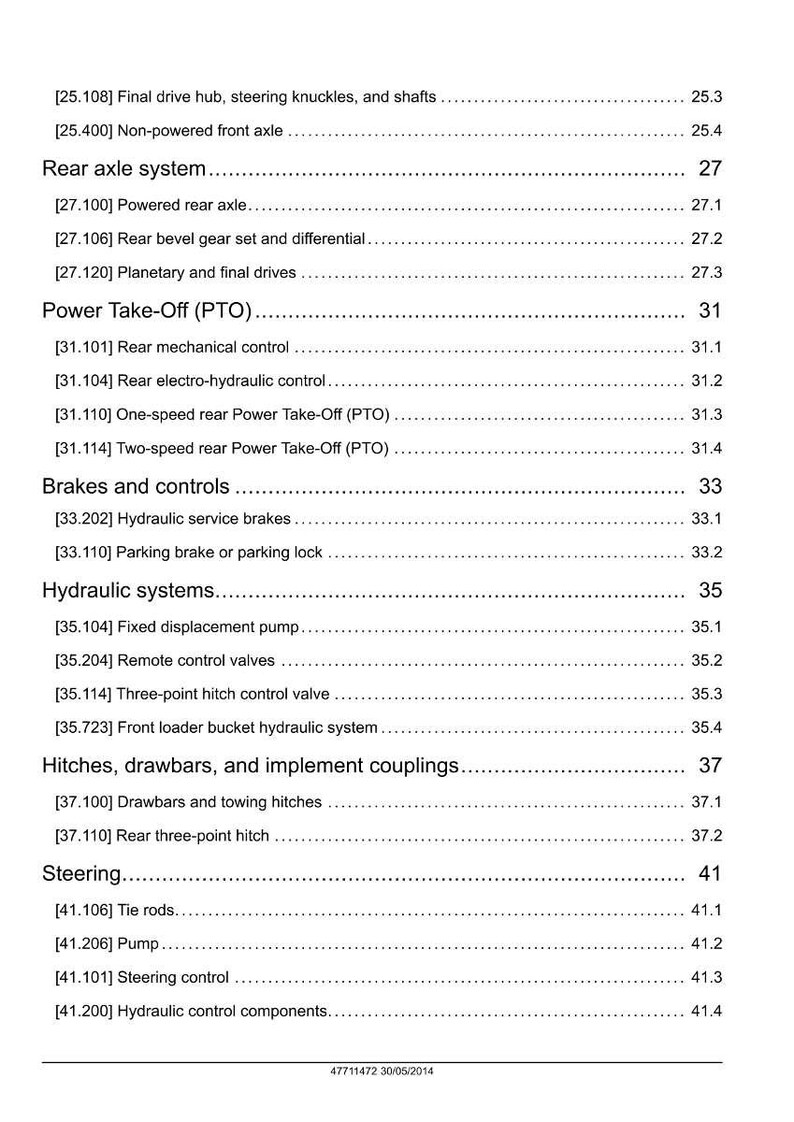 May include: A detailed technical document with a table of contents, listing various tractor components. Sections include rear axle systems, power take-off, brakes, hydraulic systems, hitches, and steering. The document is dated May 30, 2014.