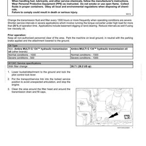 Puede incluir: Una p&aacute;gina de documento de mantenimiento titulada Transmission fluid and filter [52868108] que incluye una advertencia de peligro qu&iacute;mico, instrucciones de servicio, una tabla de tipos de aceite, especificaciones W130C de 26,7 l y un dibujo t&eacute;cnico.