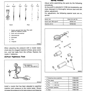 May include: Diagram from a service manual showing fuel and engine control procedures. Includes illustrations of spray conditions, a fuel tightness test setup, and parts diagrams with part numbers.