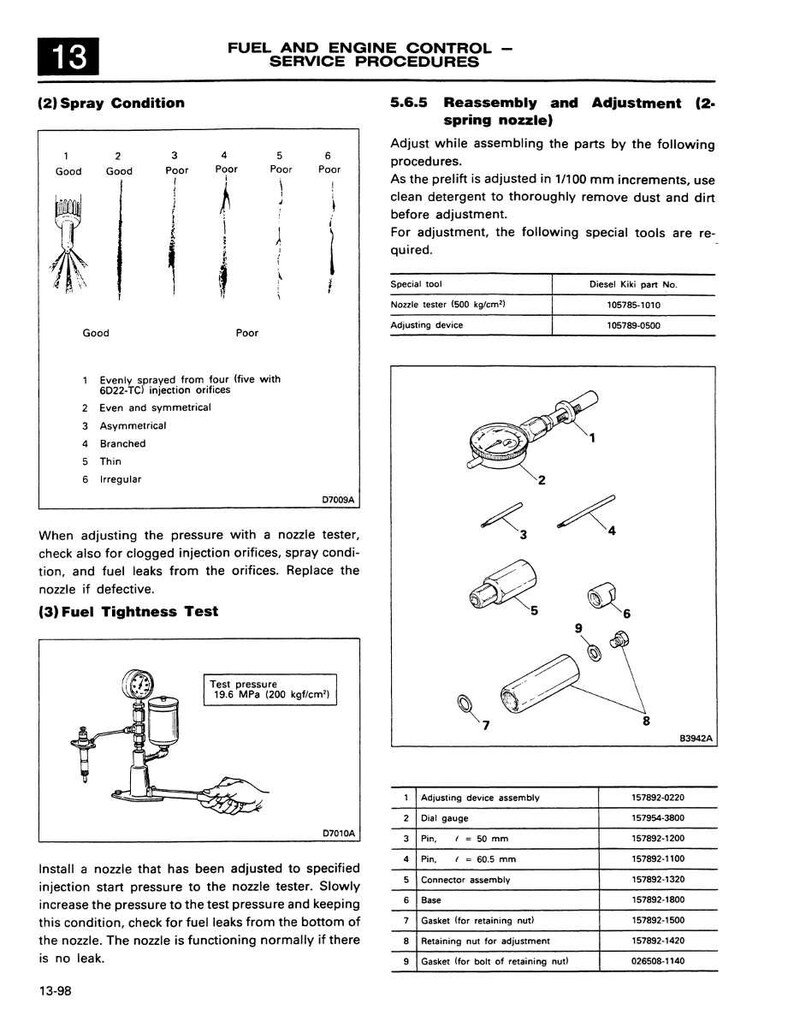 May include: Diagram from a service manual showing fuel and engine control procedures. Includes illustrations of spray conditions, a fuel tightness test setup, and parts diagrams with part numbers.