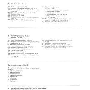 May include: A page from a general service guide, detailing cab position, tilting, and removal procedures. Includes illustrations and lists components like draft control valves, fuel tanks, and shift linkage adjustments. Text is black on a white background.