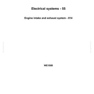 May include: A white page with the "NEW HOLLAND CONSTRUCTION" logo at the top. Text includes "Electrical systems - 55", "Engine intake and exhaust system - 014", and "WE150B". The bottom has a date and version number.