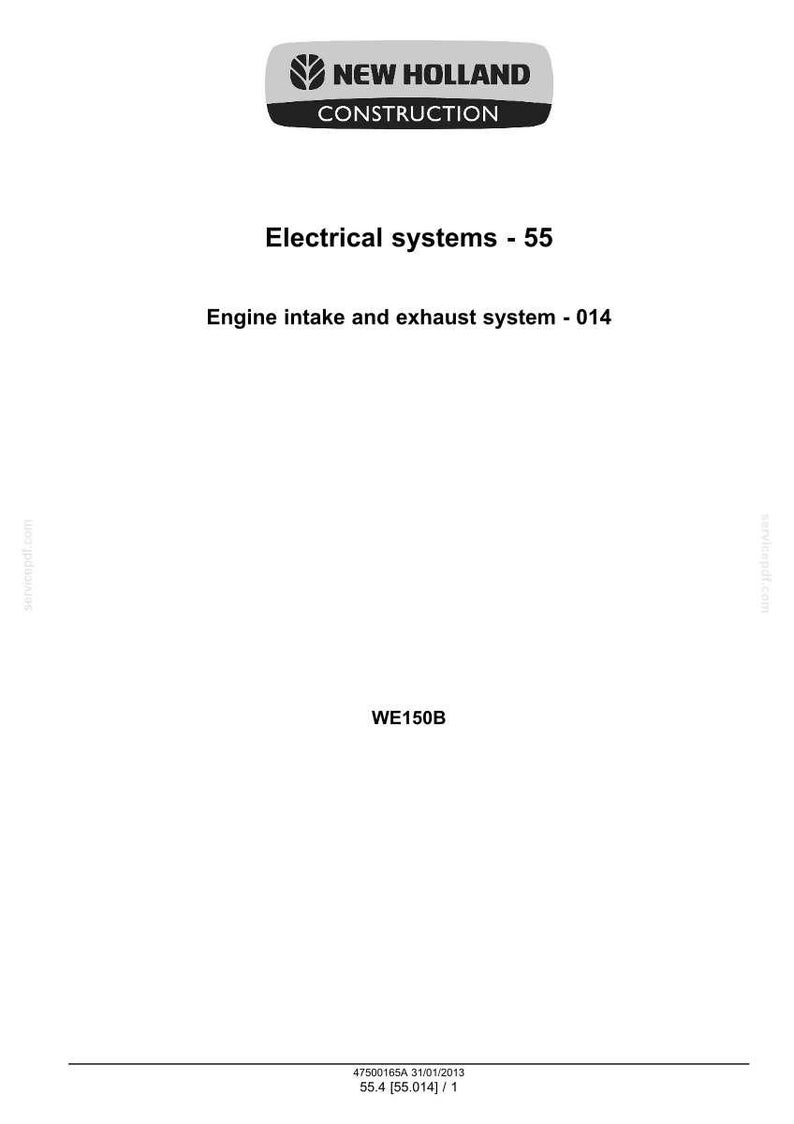May include: A white page with the "NEW HOLLAND CONSTRUCTION" logo at the top. Text includes "Electrical systems - 55", "Engine intake and exhaust system - 014", and "WE150B". The bottom has a date and version number.