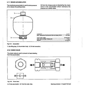 May include: Diagram of a brake accumulator and check valve, with labels and technical specifications. The accumulator is a rounded vessel with a gas filling plug, body, and oil inlet connection. The check valve is shown in top and side views.