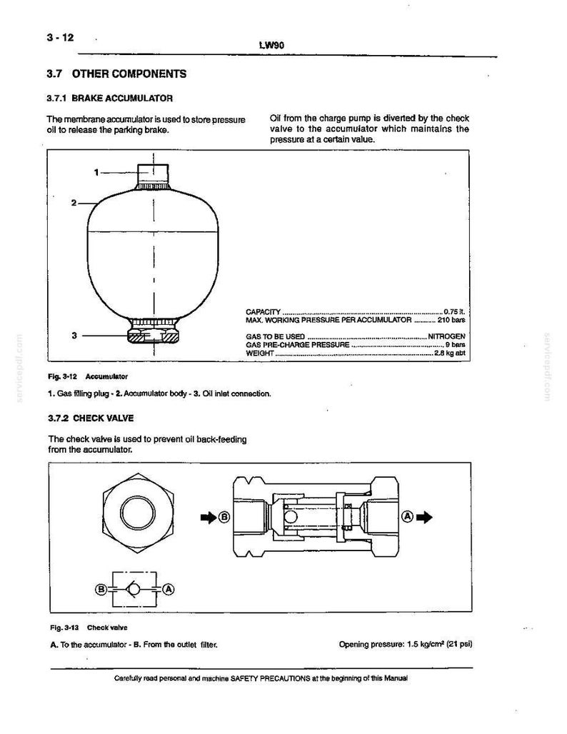 May include: Diagram of a brake accumulator and check valve, with labels and technical specifications. The accumulator is a rounded vessel with a gas filling plug, body, and oil inlet connection. The check valve is shown in top and side views.