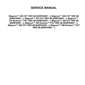 May include: A white document with the "CASE IH AGRICULTURE" logo at the top. The text "SERVICE MANUAL" is centered below the logo. Lists of Magnum CVT TIER 4B models are below the title.