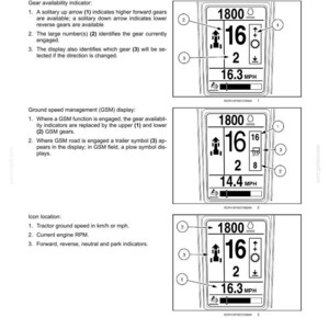 May include: A technical manual page titled 3-CONTROLS AND INSTRUMENTS showing three diagrams of an upper display for a tractor. The display features numerical data for engine RPM, gear selection, and ground speed in MPH with various icons.