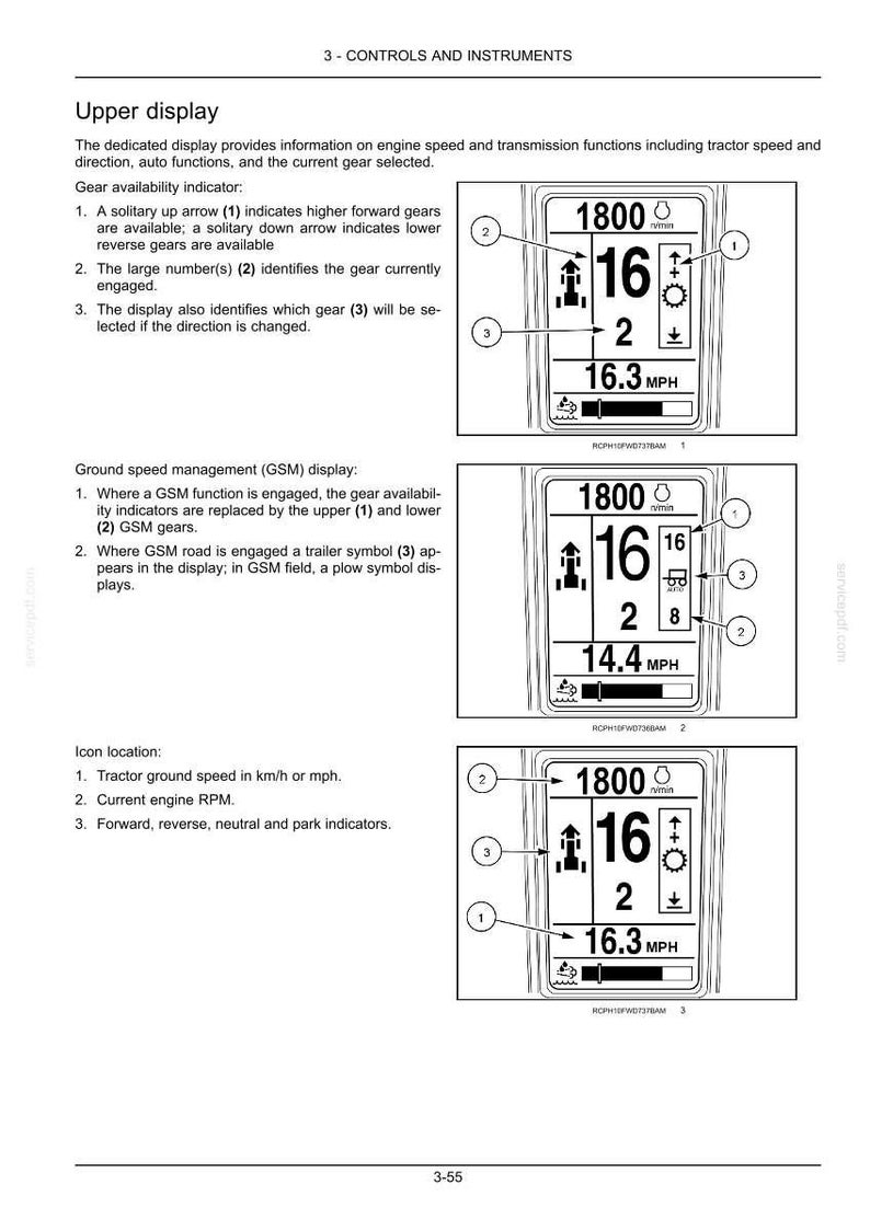 May include: A technical manual page titled 3-CONTROLS AND INSTRUMENTS showing three diagrams of an upper display for a tractor. The display features numerical data for engine RPM, gear selection, and ground speed in MPH with various icons.