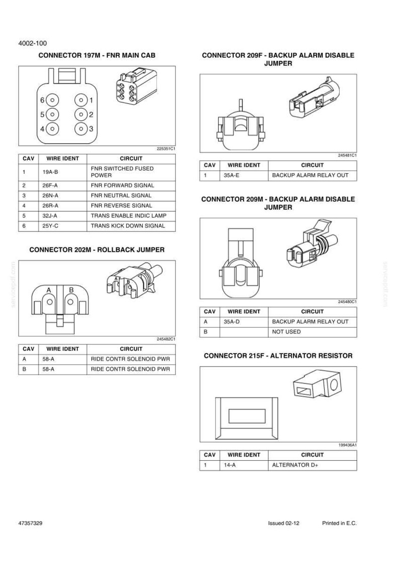 May include: Diagram of electrical connectors, including Connector 197M, 209F, 209M, 202M, and 215F. Each connector is labeled with wire identifiers and circuit descriptions. The image is a technical illustration.