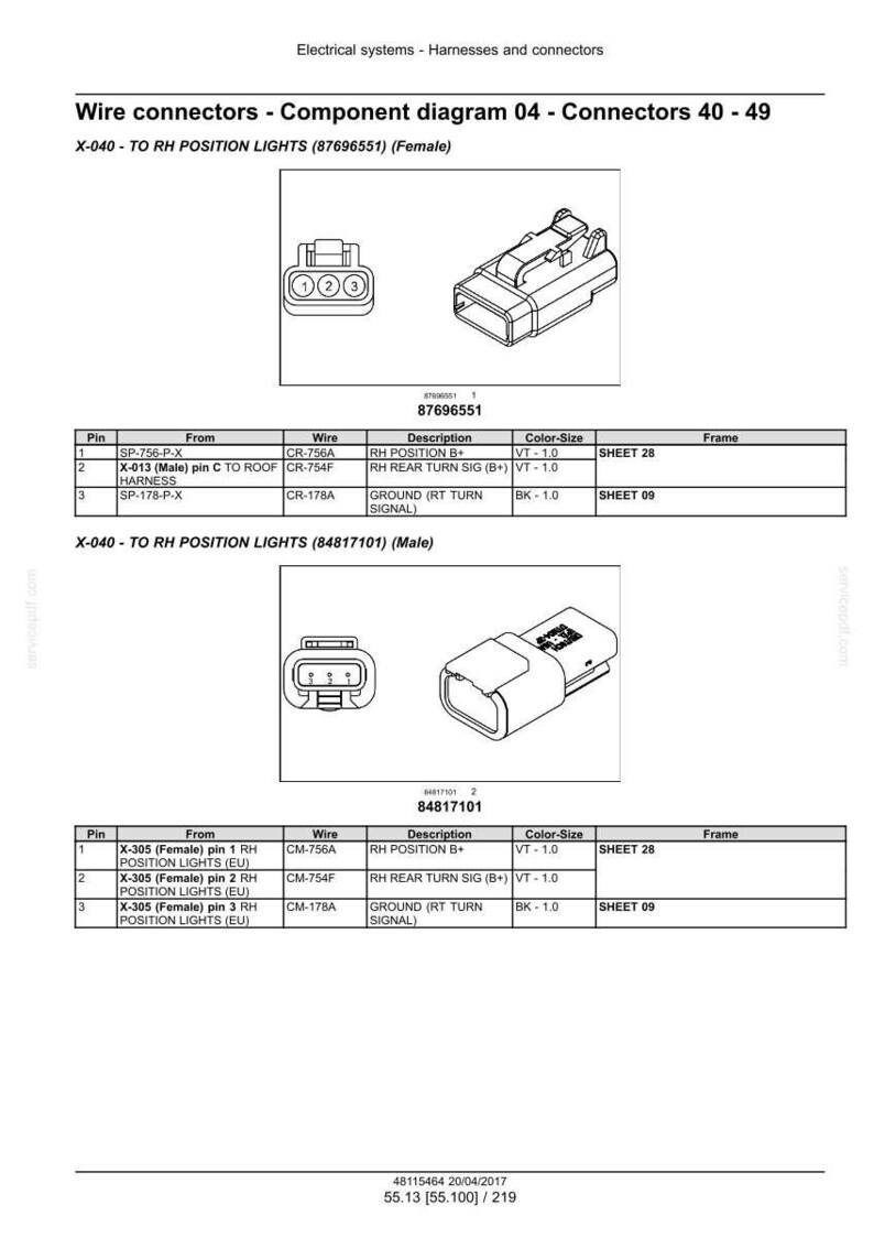 May include: Diagram of wire connectors for electrical systems, including component diagrams for connectors 40-49. The diagrams show the pin connections, wire types, and descriptions for RH position lights, with text labels and measurements.