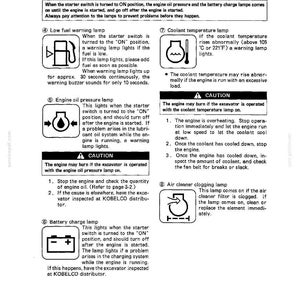 May include: A technical manual page titled OPERATING EQUIPMENT featuring black and white line art icons for warning lamps. It includes symbols for low fuel, engine oil pressure, battery charge, coolant temperature, and air cleaner clogging with text.