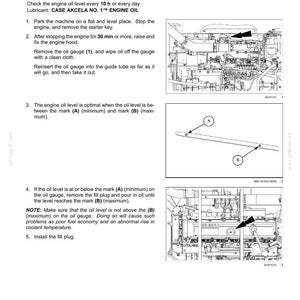 May include: A page from a maintenance manual detailing engine oil level checks. The text includes instructions on checking the oil level every 10 hours, with diagrams showing minimum and maximum oil level marks.
