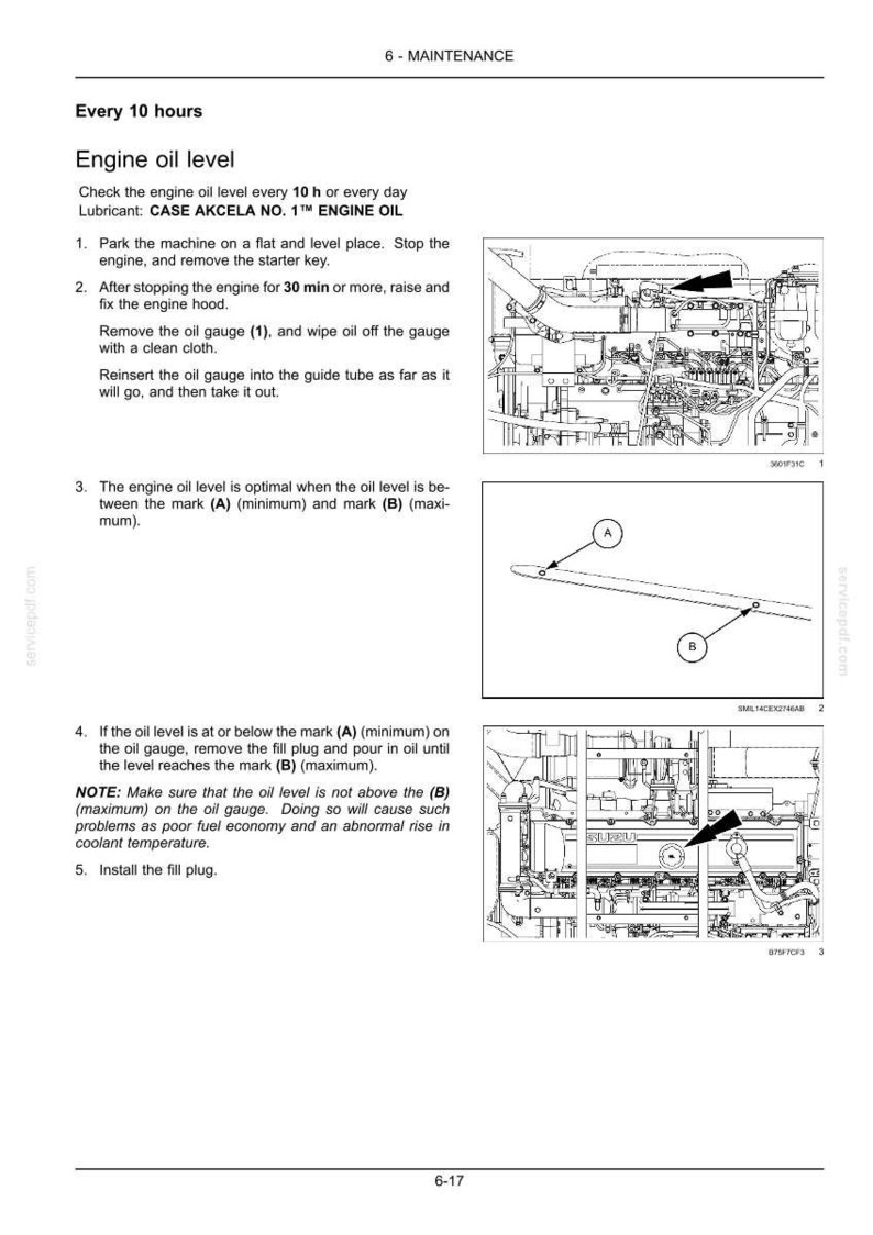 May include: A page from a maintenance manual detailing engine oil level checks. The text includes instructions on checking the oil level every 10 hours, with diagrams showing minimum and maximum oil level marks.