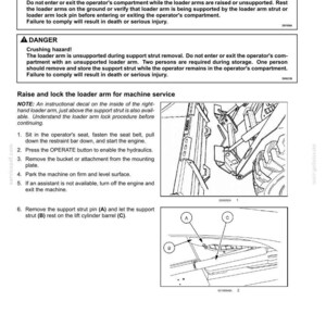 May include: A technical diagram detailing loader arm lock and cab tilt procedures for radial lift machines. The image includes safety warnings, step-by-step instructions, and diagrams of machine components, with labels A, B, and C.