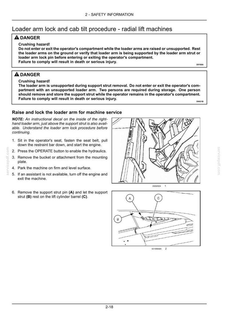 May include: A technical diagram detailing loader arm lock and cab tilt procedures for radial lift machines. The image includes safety warnings, step-by-step instructions, and diagrams of machine components, with labels A, B, and C.