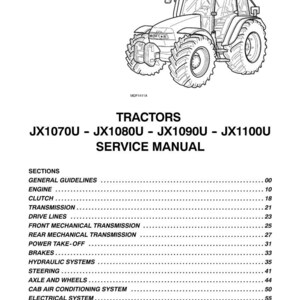 May include: A black and white line drawing of a tractor with the text "TRACTORS JX1070U - JX1080U - JX1090U - JX1100U SERVICE MANUAL". The manual includes sections on engine, clutch, transmission, and more.
