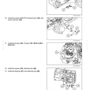May include: Diagram of a front axle system with numbered parts and instructions. Includes illustrations of spacers, retaining rings, levers, and an oil pipe. Text indicates torque specifications in foot-pounds.