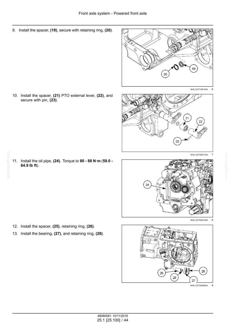 May include: Diagram of a front axle system with numbered parts and instructions. Includes illustrations of spacers, retaining rings, levers, and an oil pipe. Text indicates torque specifications in foot-pounds.