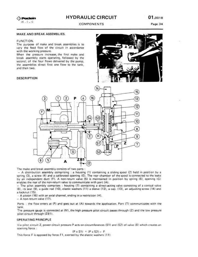 May include: Diagram of a hydraulic circuit with components labeled. The diagram includes a make and break assembly, a distribution assembly, and a pilot assembly. Text includes "Hydraulic Circuit Components" and "Make and Break Assemblies."