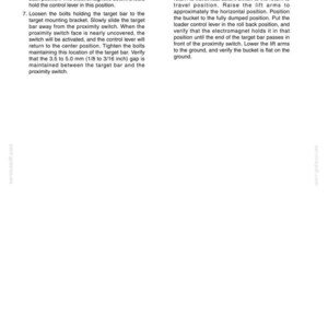 May include: A page from a manual titled "Chapter 6 - Maintenance and Adjustments." The text describes procedures for adjusting machinery components, including ignition switch, bucket control lever, and target bar. The page includes diagrams and technical instructions.