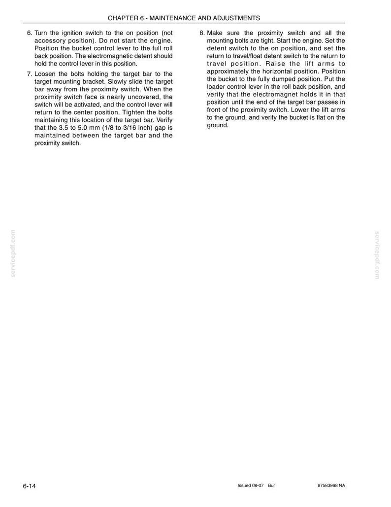 May include: A page from a manual titled "Chapter 6 - Maintenance and Adjustments." The text describes procedures for adjusting machinery components, including ignition switch, bucket control lever, and target bar. The page includes diagrams and technical instructions.