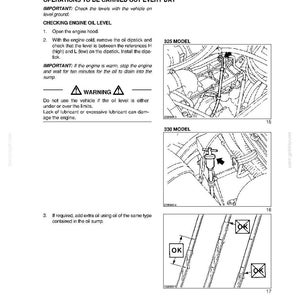May include: A page from a vehicle maintenance manual with instructions on checking engine oil levels. The text includes warnings and diagrams for 325 and 330 model engines. The diagrams show engine components and oil dipstick locations.
