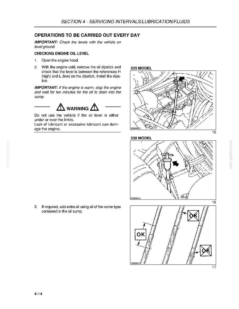 May include: A page from a vehicle maintenance manual with instructions on checking engine oil levels. The text includes warnings and diagrams for 325 and 330 model engines. The diagrams show engine components and oil dipstick locations.
