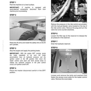 May include: Diagram of a loader control valve removal procedure. The image shows step-by-step instructions with accompanying images, including text and diagrams. The steps include parking the machine, disconnecting components, and removing parts.
