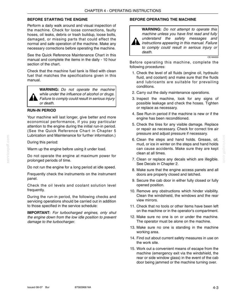 May include: A manual page with operating instructions for a machine. The text includes safety warnings, procedures for starting and operating the machine, and maintenance checks. The page is titled "Chapter 4 - Operating Instructions."