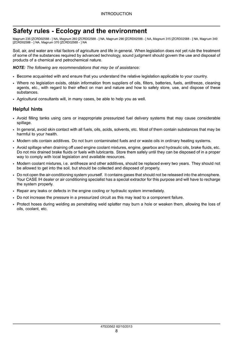 May include: A document titled "Safety rules - Ecology and the environment" with text about environmental safety, including guidelines on handling chemicals, oils, and waste. The document provides helpful hints and recommendations.