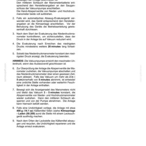 May include: A technical document page titled Klimasteuerung der Kabine - Klimaanlage containing nine numbered instructions in German regarding the evacuation and maintenance of an air conditioning system, including specific references to 400 g (14.1 oz).