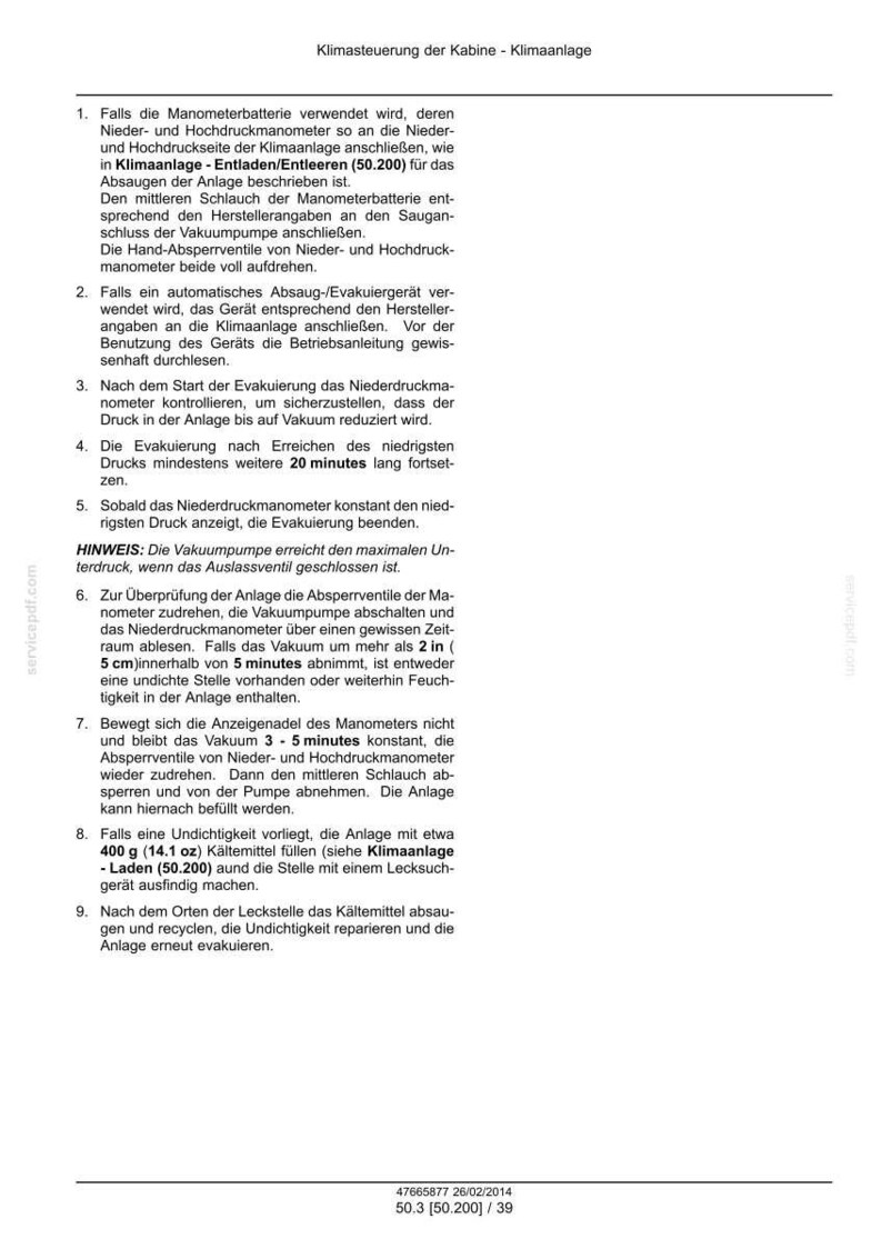 May include: A technical document page titled Klimasteuerung der Kabine - Klimaanlage containing nine numbered instructions in German regarding the evacuation and maintenance of an air conditioning system, including specific references to 400 g (14.1 oz).