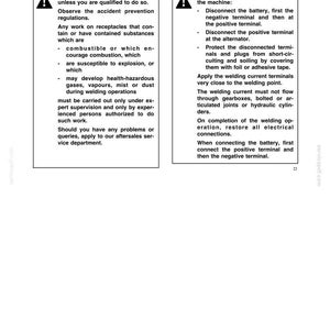 May include: A page from an operator's manual with safety instructions for welding operations. The text includes warnings about potential hazards and procedures for safe operation, such as disconnecting the battery. The page is white with black text.