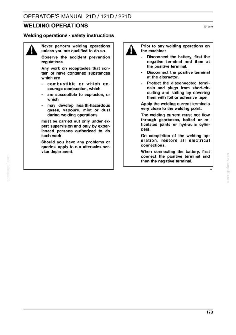 May include: A page from an operator's manual with safety instructions for welding operations. The text includes warnings about potential hazards and procedures for safe operation, such as disconnecting the battery. The page is white with black text.