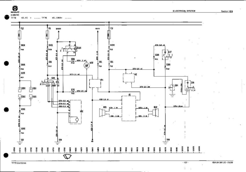 May include: A detailed electrical system diagram for a New Holland TF79 combine, featuring a complex network of lines, symbols, and labels. The diagram is in black and white, with text and symbols indicating various components and connections.