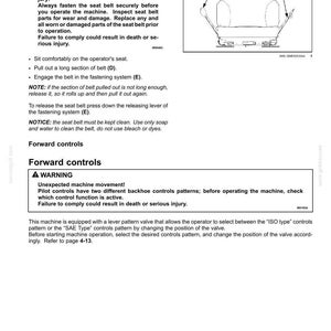 K&ouml;nnte beinhalten: Seite aus einem Ger&auml;tehandbuch mit Anweisungen zu Sicherheitsgurten und Vorw&auml;rtssteuerungen. Enth&auml;lt eine Diagramm eines Sitzes mit beschrifteten Teilen. Warnungen vor Ger&auml;teausfall und unerwarteten Maschinenbewegungen sind ebenfalls vorhanden.