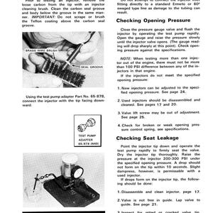 May include: A page from a manual titled "Testing Injectors" with diagrams and instructions. Includes a brass wire brush, a test pump adapter, and a warning about fuel injectors. The text provides detailed steps for checking opening pressure and seat leakage.