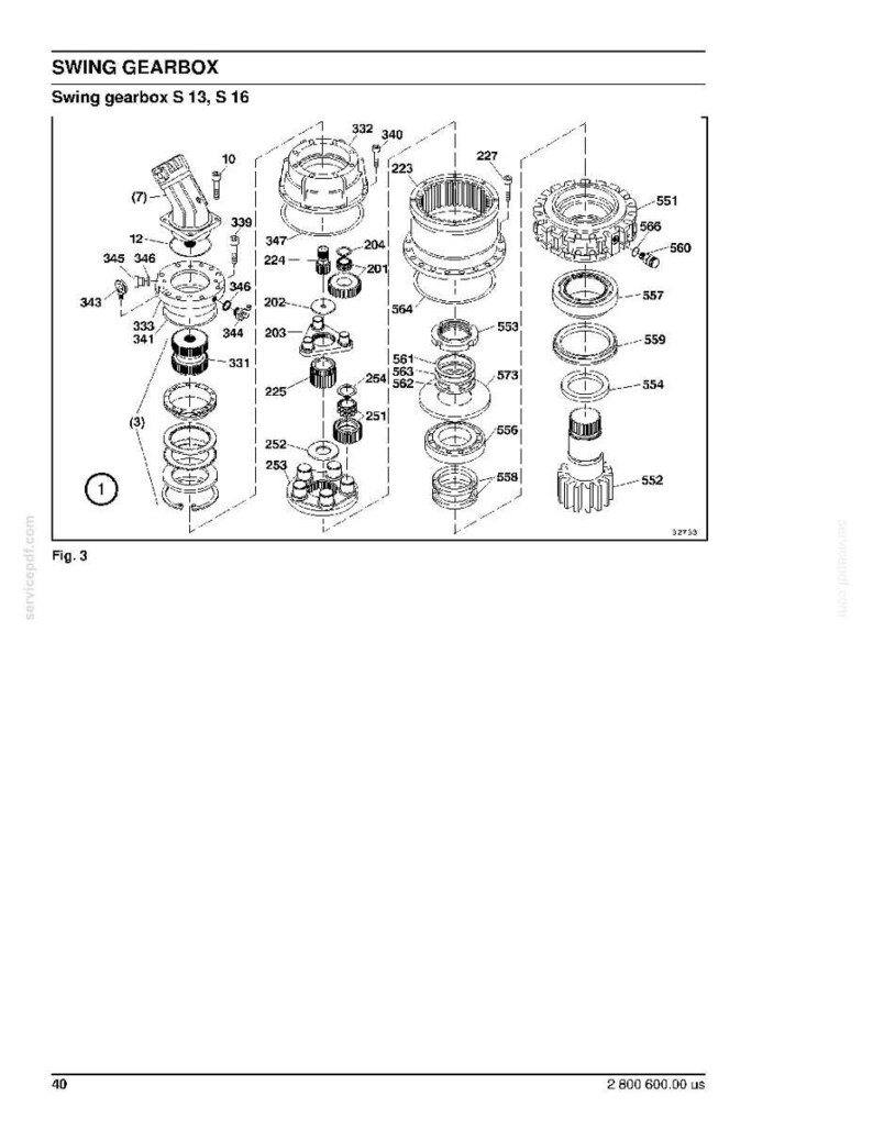 May include: An exploded diagram of a swing gearbox, labeled "Swing gearbox S 13, S 16." The image is a technical illustration with various mechanical components, including gears, bearings, and housings, all in black and white.