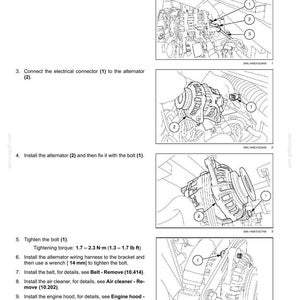 May include: Diagram illustrating alternator installation steps. Includes images with numbered components and instructions for connecting wires, installing caps, and tightening bolts. Text includes tightening torque in lb ft.
