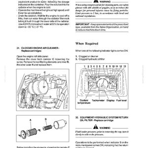 May include: A technical manual page for DC150 Power Steering equipment, featuring instructions for radiator flushing, replacing clogged engine air cleaner cartridges labeled A, B, and C, and a diagram of an instrument panel with indicator lights.