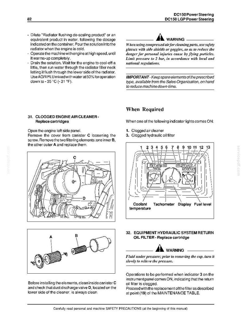 May include: A technical manual page for DC150 Power Steering equipment, featuring instructions for radiator flushing, replacing clogged engine air cleaner cartridges labeled A, B, and C, and a diagram of an instrument panel with indicator lights.