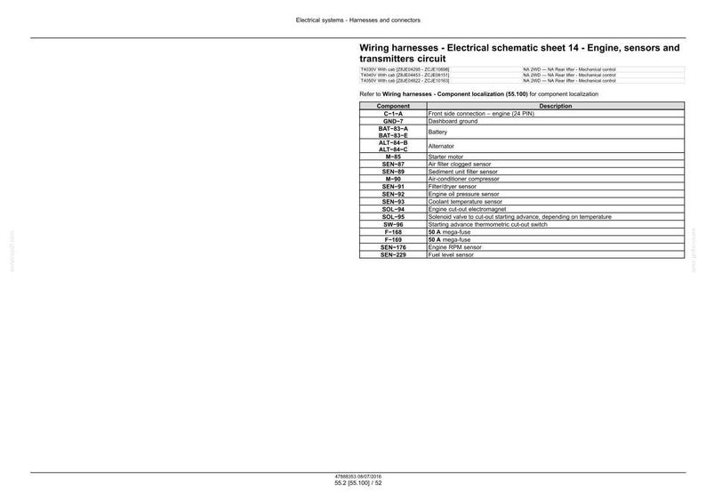 May include: A detailed electrical schematic sheet titled "Wiring harnesses - Electrical schematic sheet 14 - Engine, sensors and transmitters circuit." The sheet includes a table listing components like the battery, alternator, and various sensors.